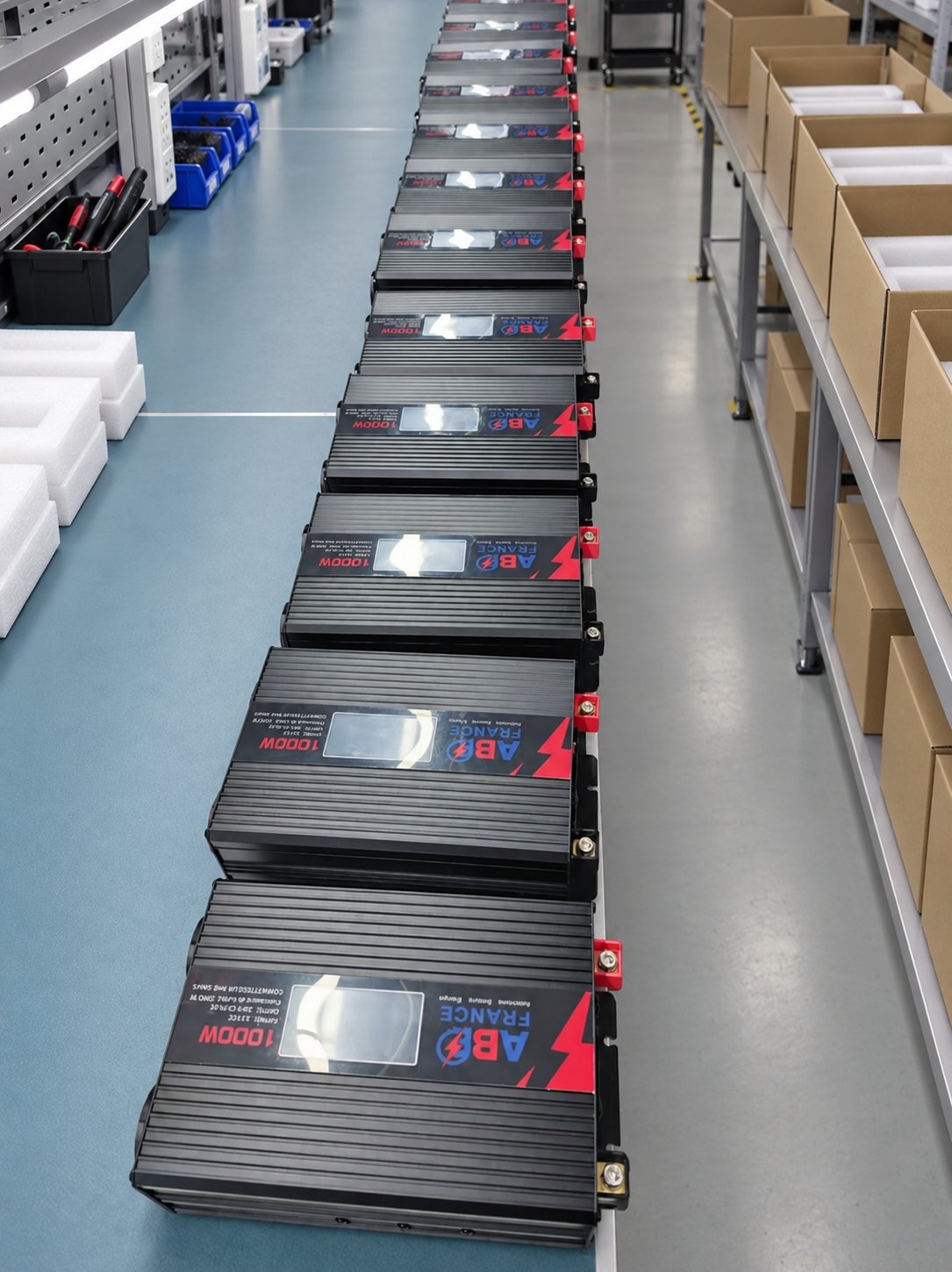Lot de convertisseurs ABE France 1000 W alignés sur le poste de contrôle, zone de conditionnement avec cartons en arrière-plan